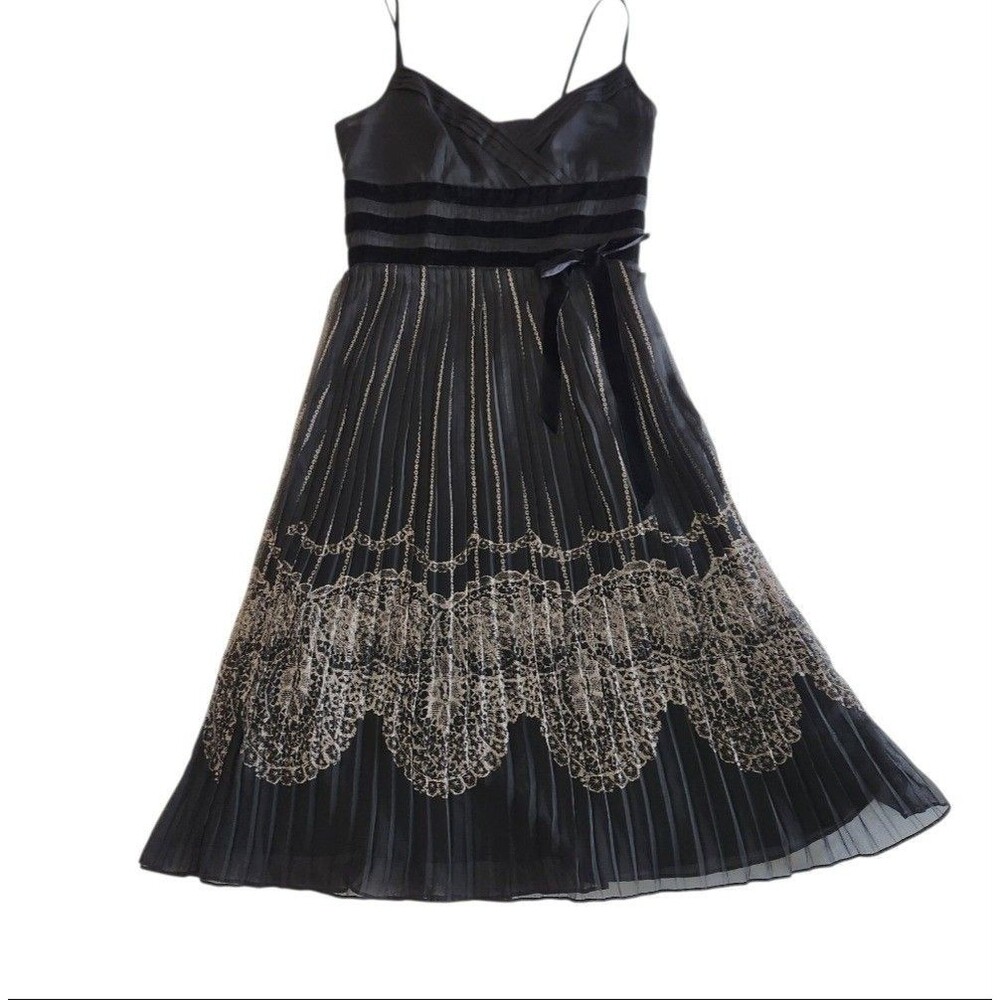 Ann Taylor Loft Y2K Whismygoth Black Chiffon & Velve Dress Pleated Women SZ 6